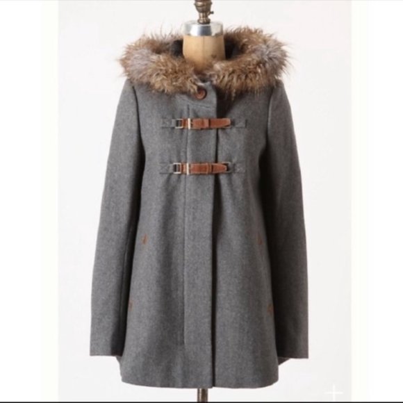 Anthropologie Gray Toggle Coat with Faux Fur Trim - Picture 2 of 9